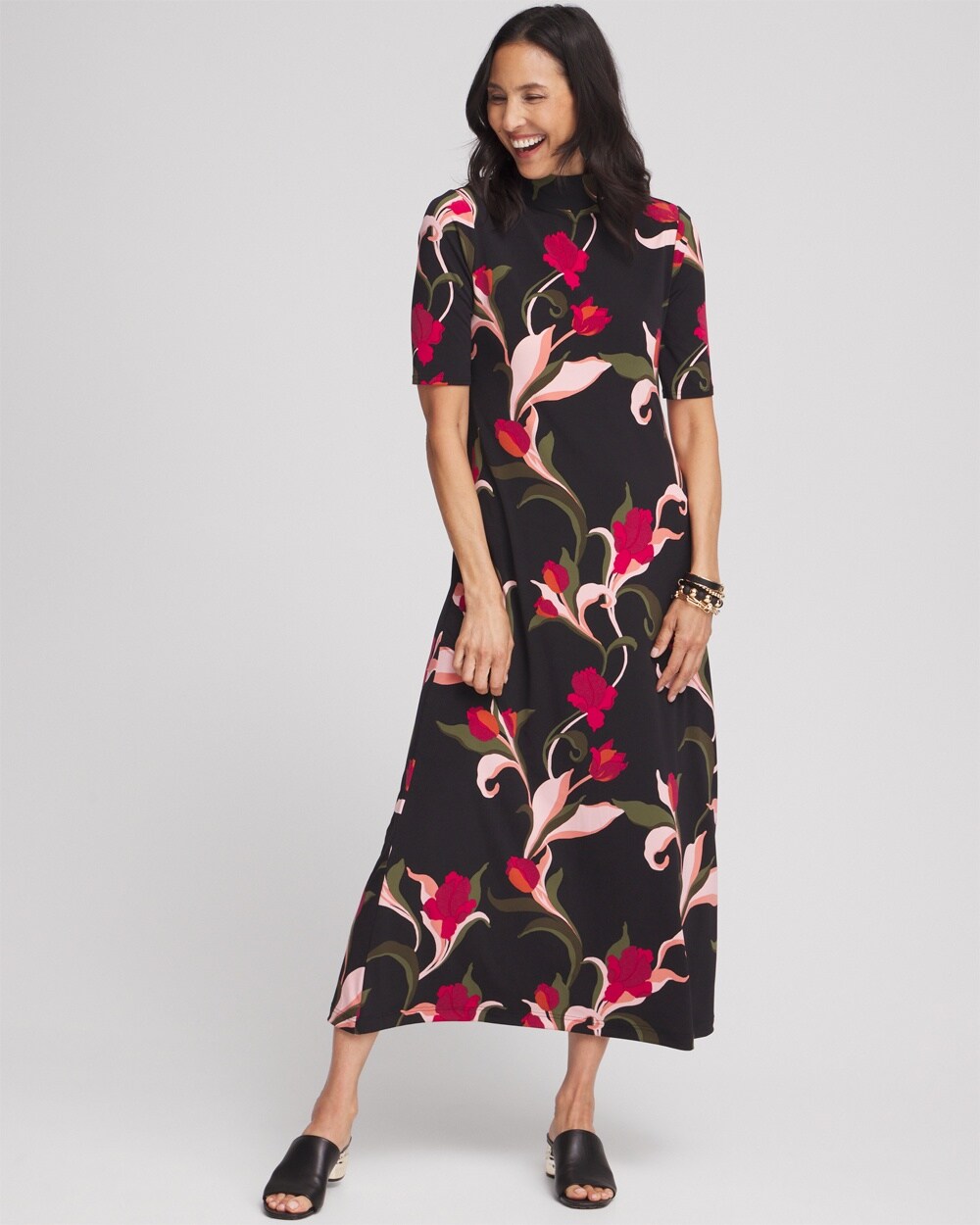 Elbow-sleeve Mock Neck Maxi Dress