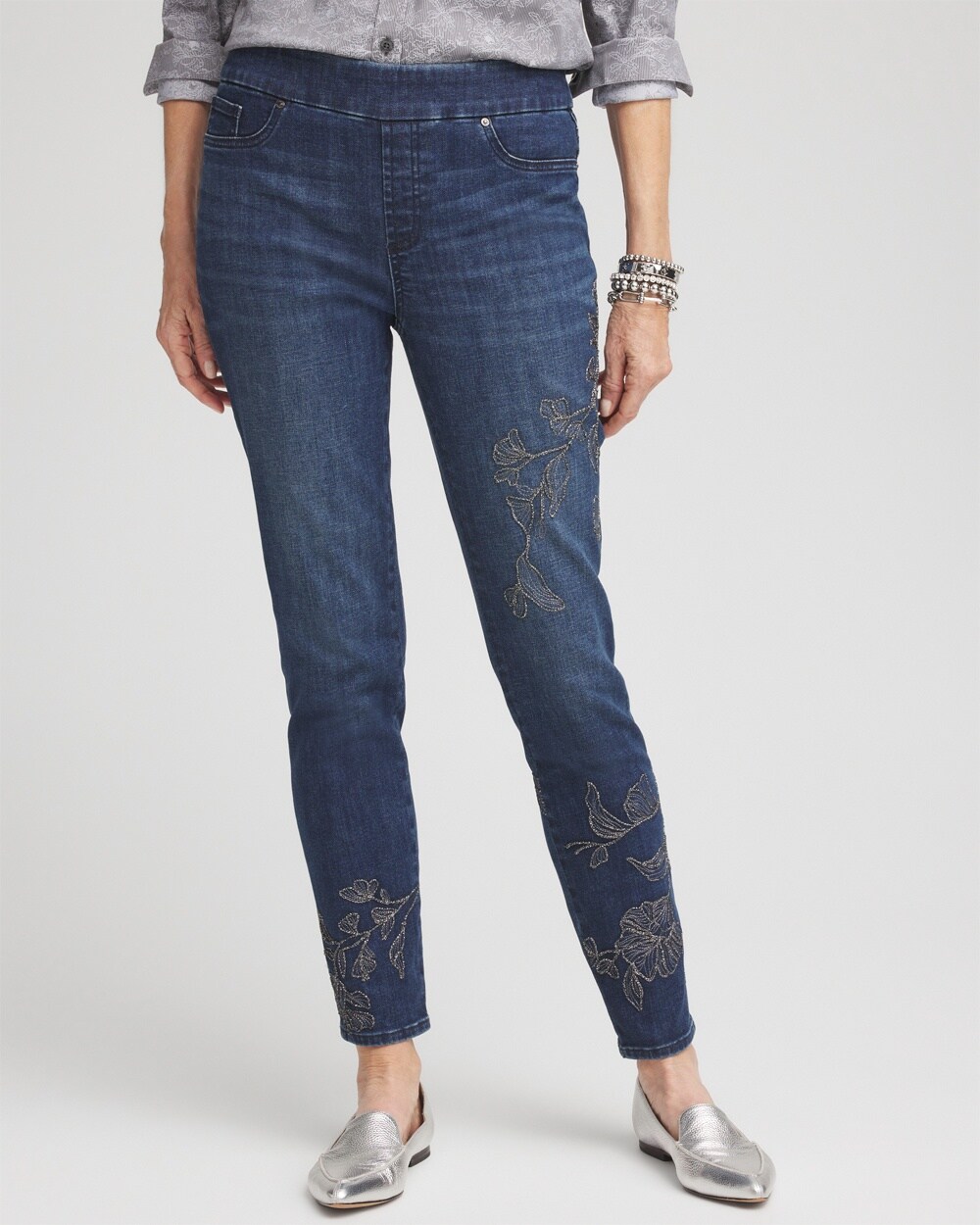 Floral Embroidered Pull-On Ankle Jeggings