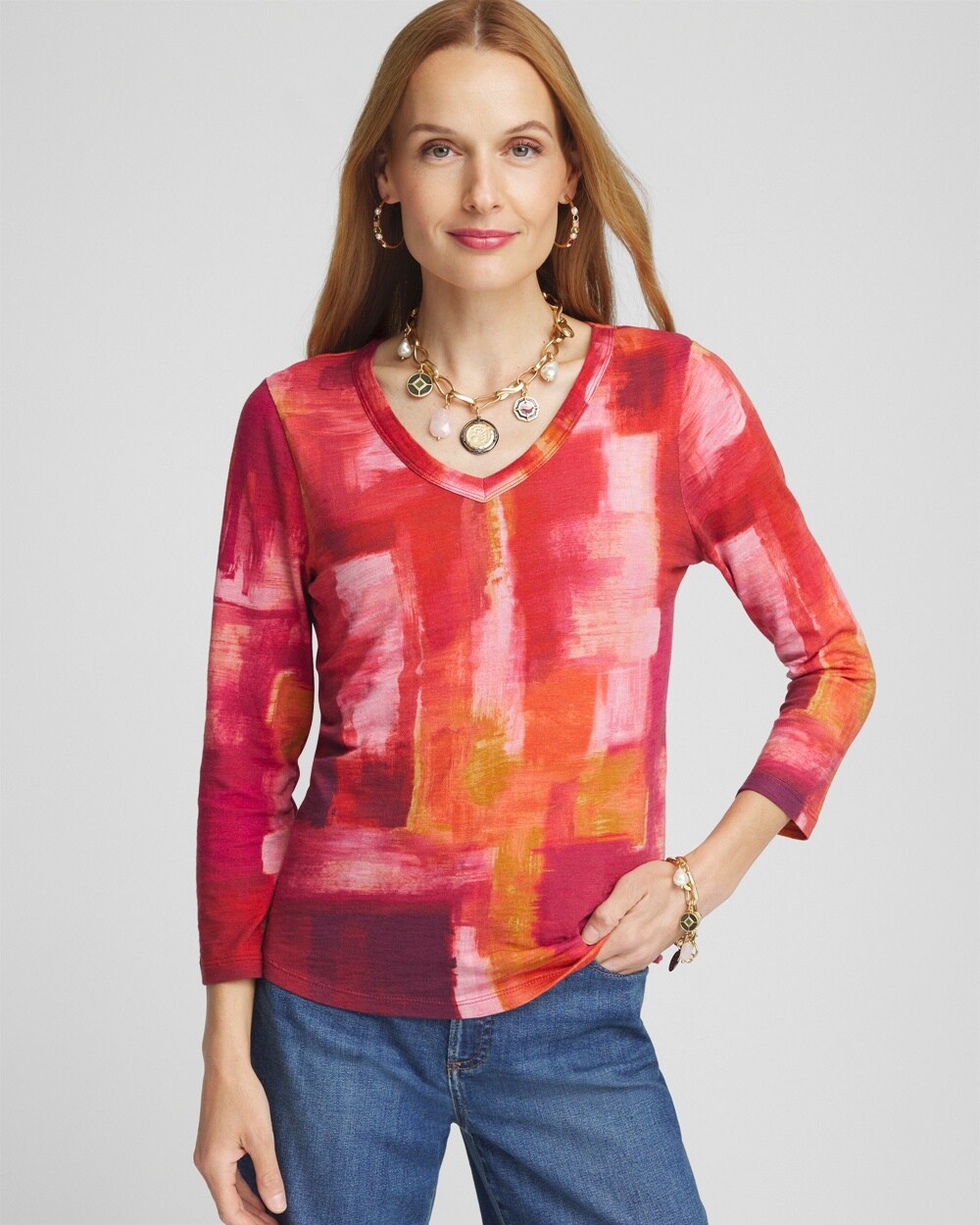 Geometric Print 3/4 Sleeve V-Neck Tee