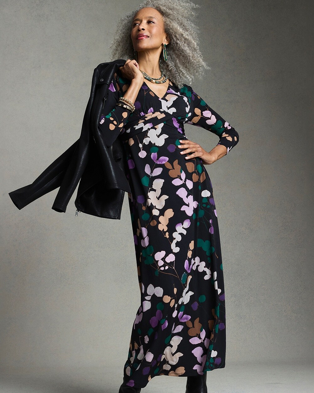 V-neck 3/4 Sleeve Floral Maxi Dress