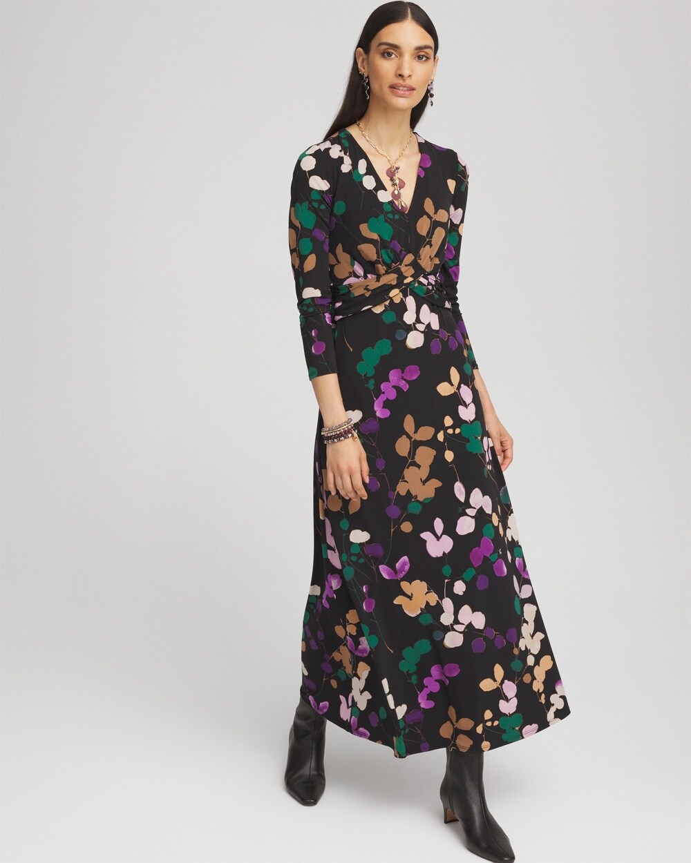 Petite V-neck 3/4 Sleeve Floral Maxi Dress