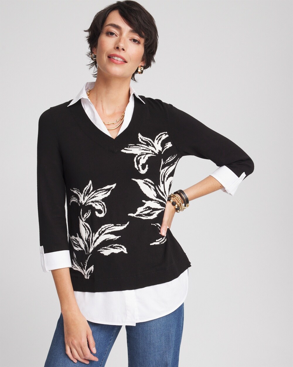 Lily Print Built-In Shirt Knit Sweater