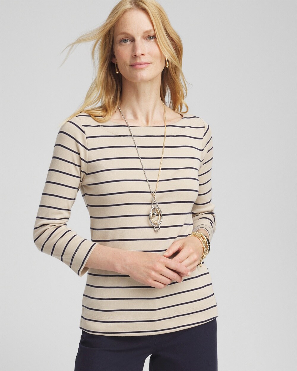 Stripe 3/4 Sleeve Bateau Neck Tee