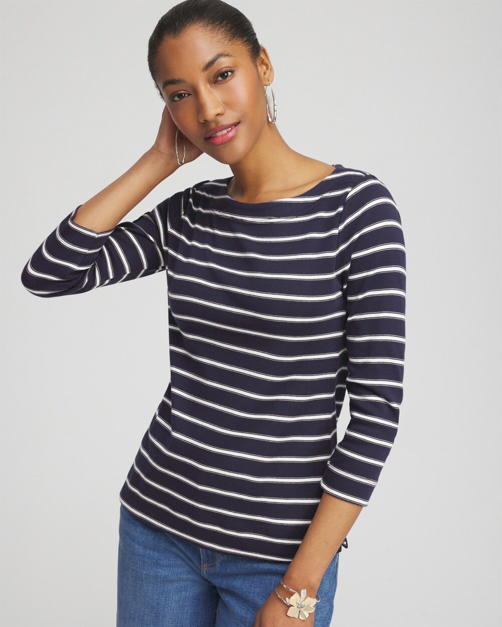 Stripe 3/4 Sleeve Bateau Neck Tee