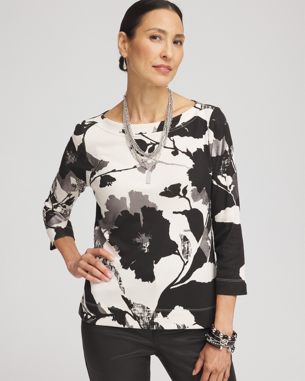 Floral 3/4 Sleeve Bateau Neck Tee