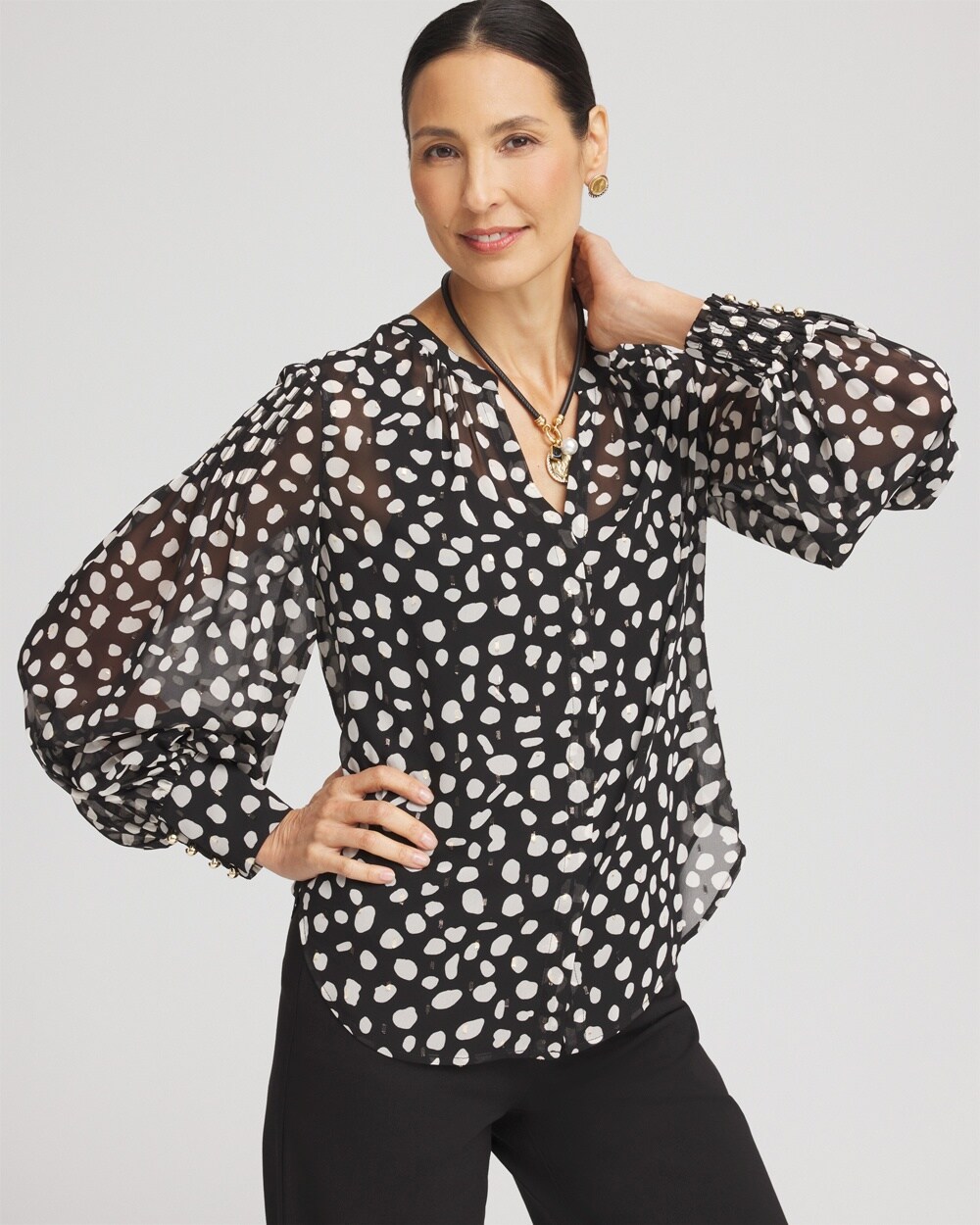 Metallic Clip Dot Pintuck Sleeve Blouse