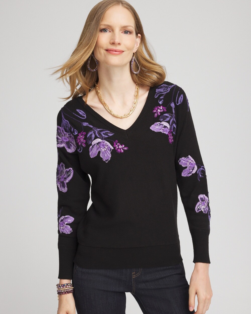 Embroidered V-Neck Dolman Sleeve Sweater