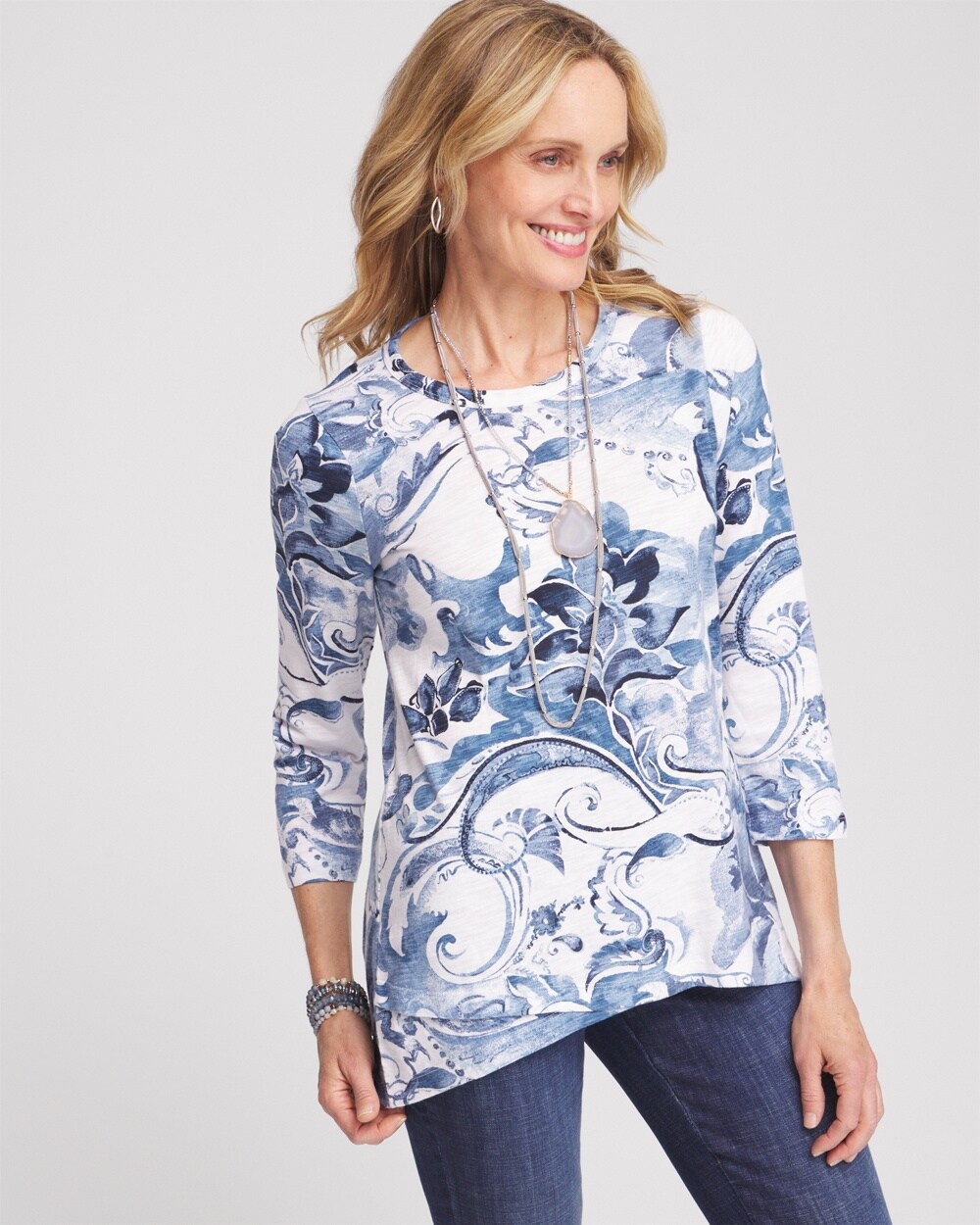 3/4 Sleeve Floral Overlap Tunic