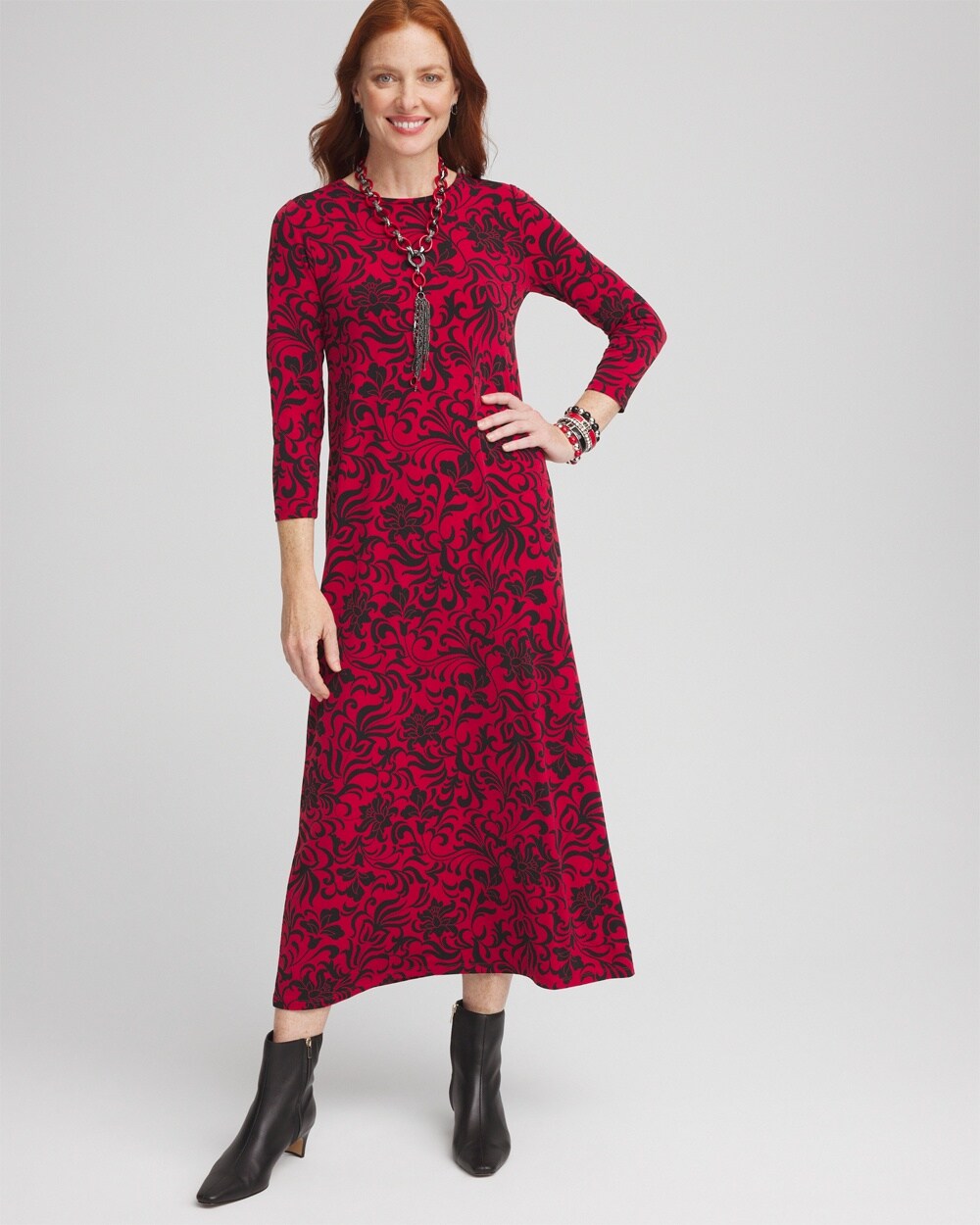 Swirl Print Long-Sleeve Maxi Dress