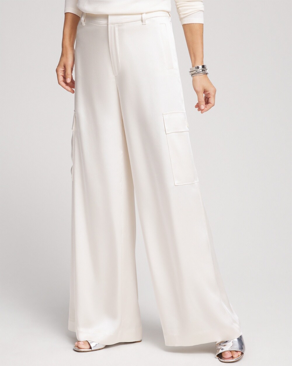 Petite Satin Wide Leg Cargo Pants