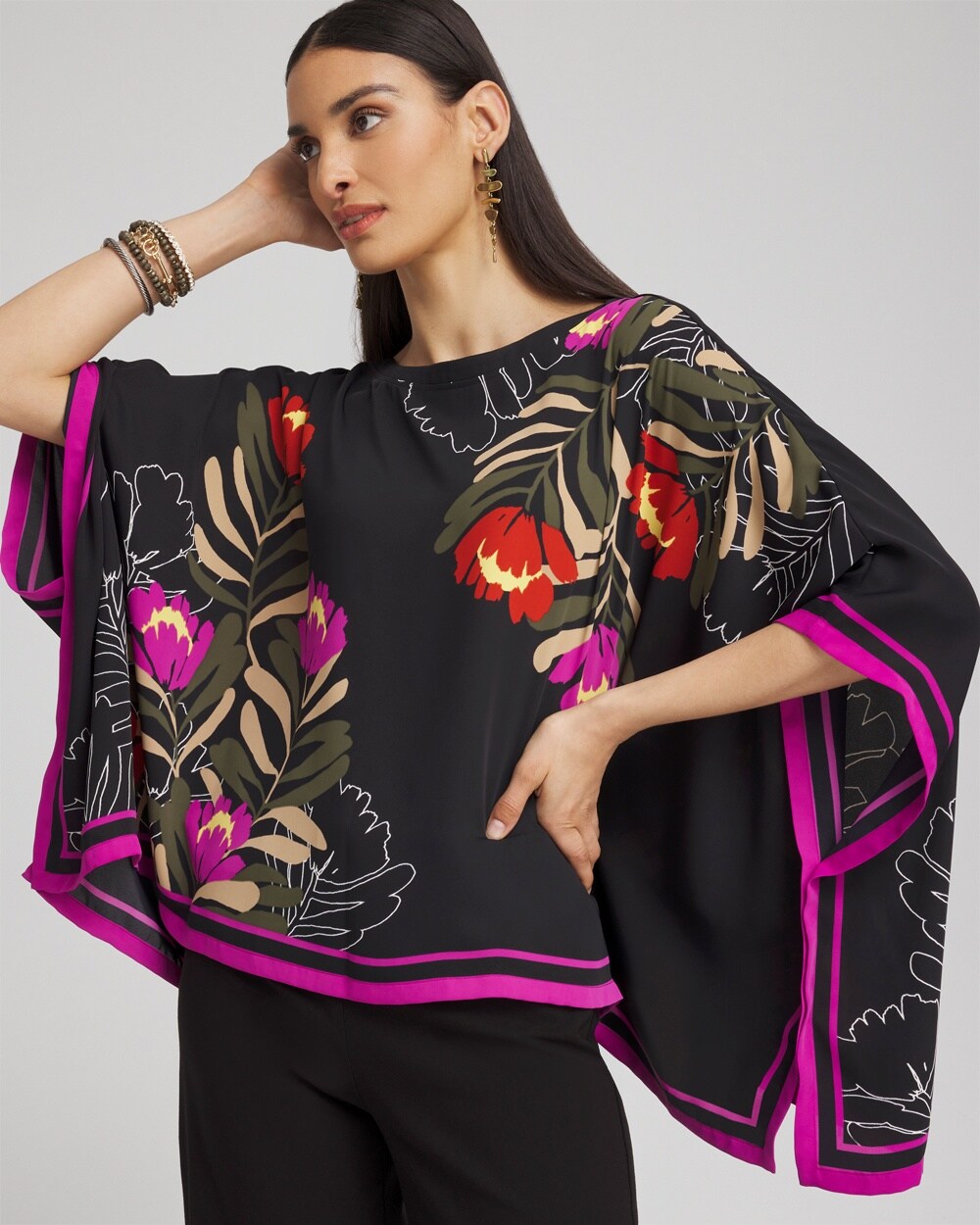 Floral Border Trim Poncho