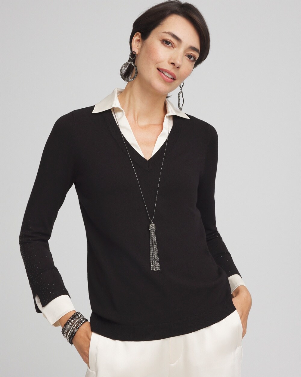 Sequin Built-In Shirt Knit Sweater