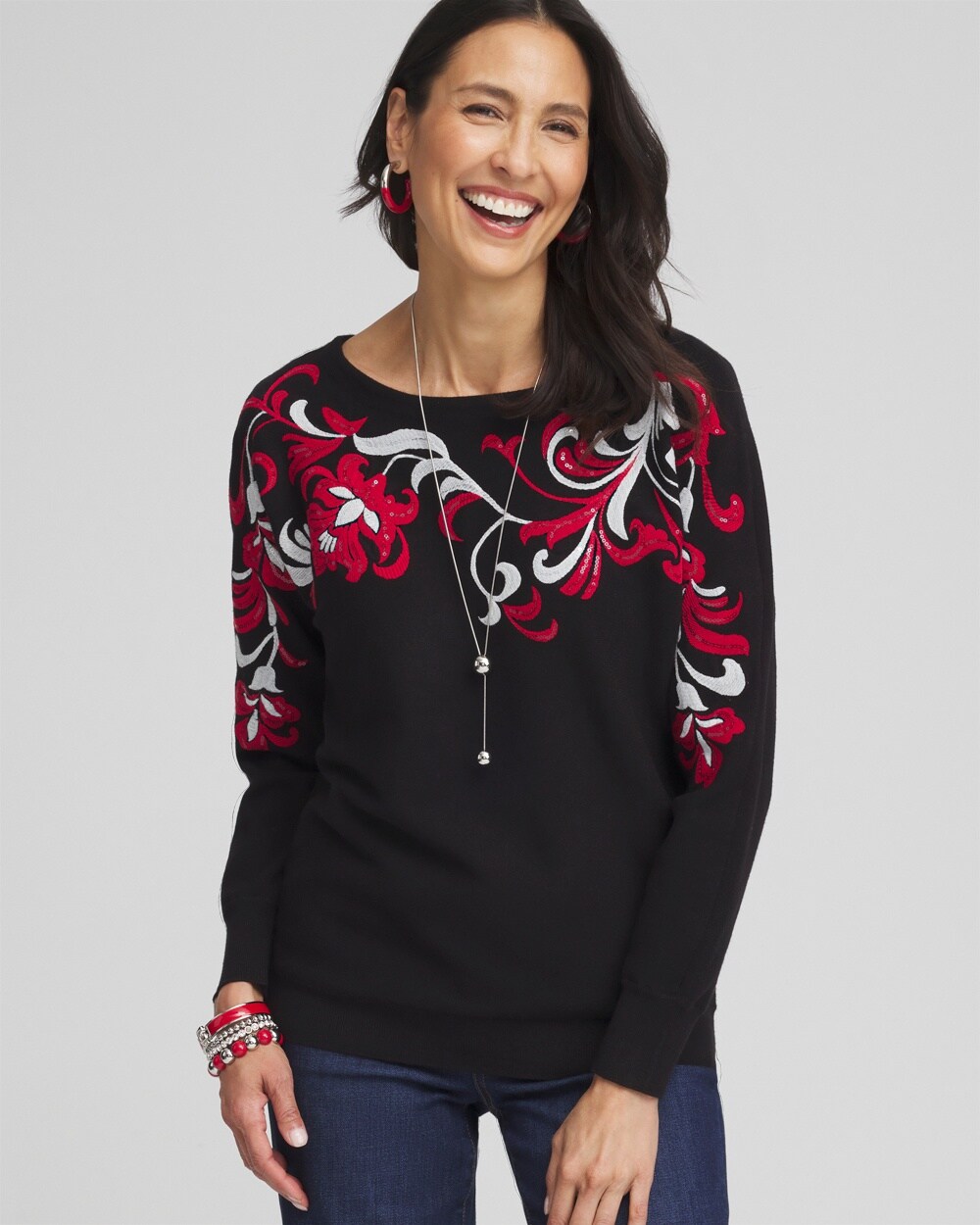 Floral Sequin Dolman Sleeve Sweater