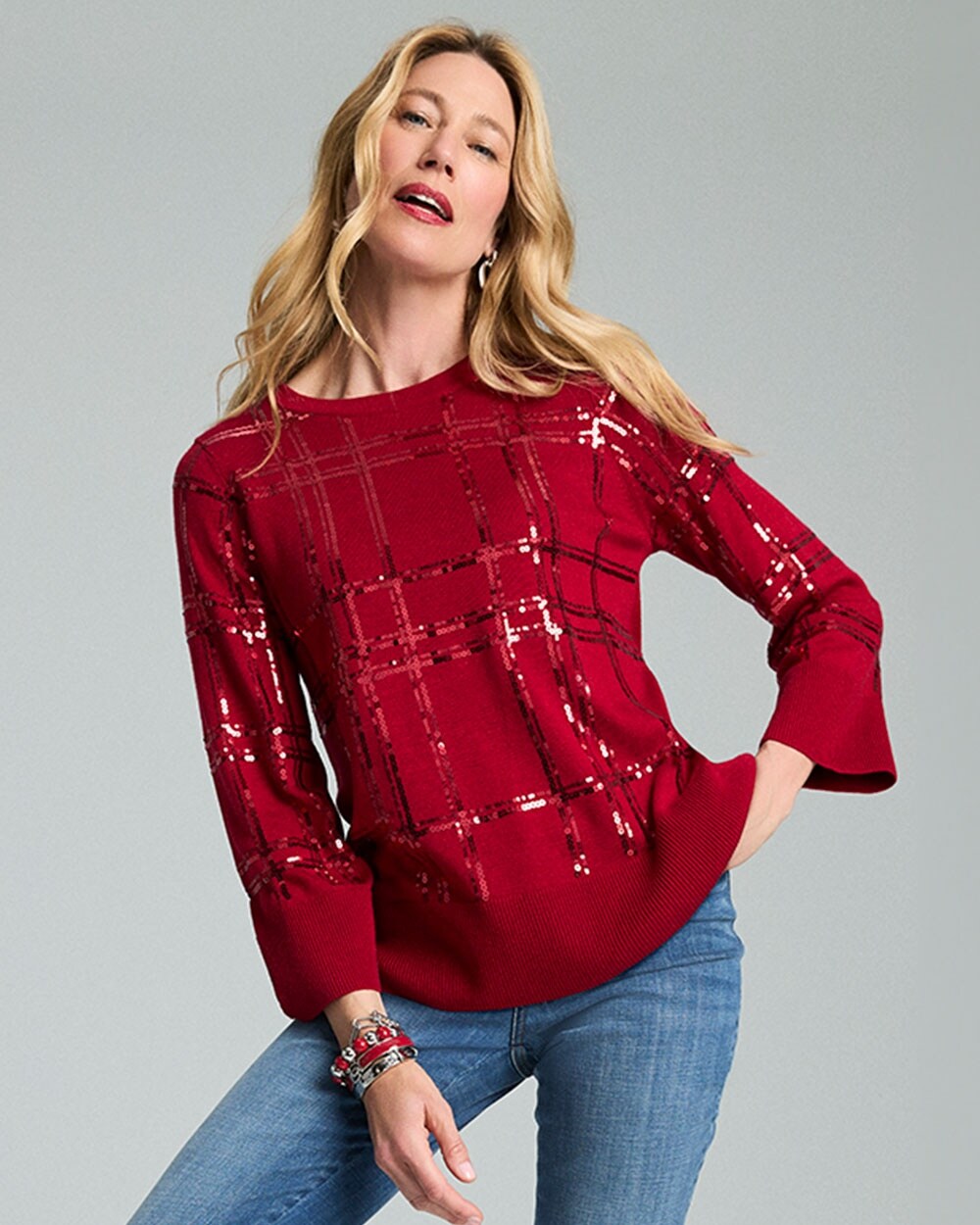 Sequin Plaid Pullover Sweater