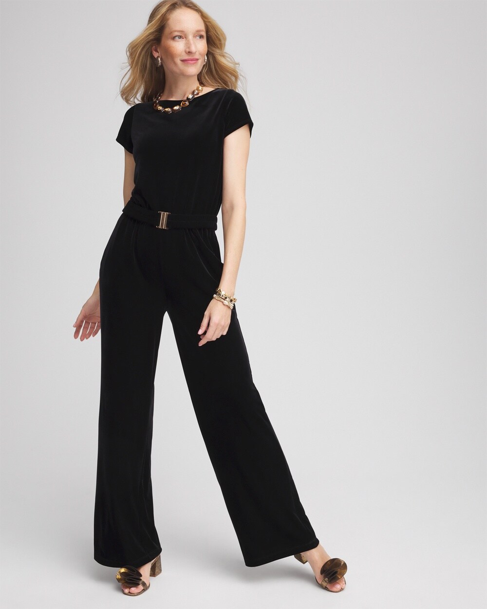 Petite Travelers\u2122 Belted Velvet Jumpsuit