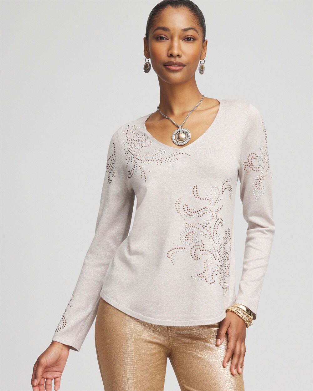 Embellished V-neck Pullover Sweater