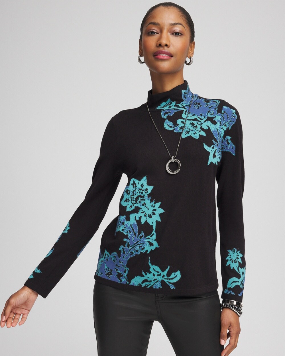 Blue Floral Mockneck Sweater