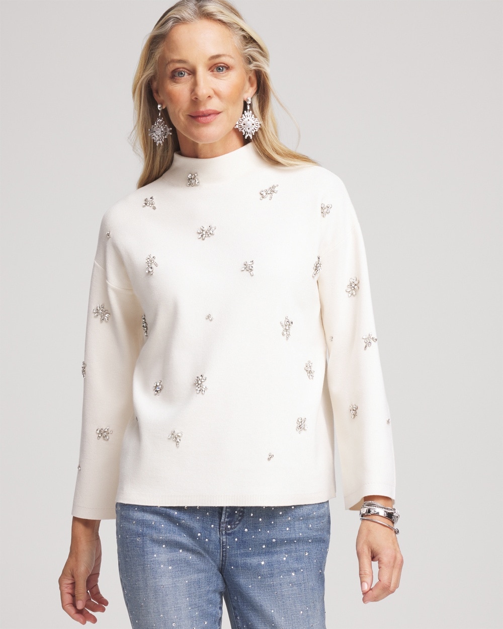 Embellished Mockneck Pullover Sweater