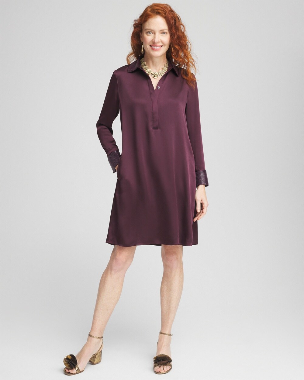 Satin Embroidered Shirt Dress