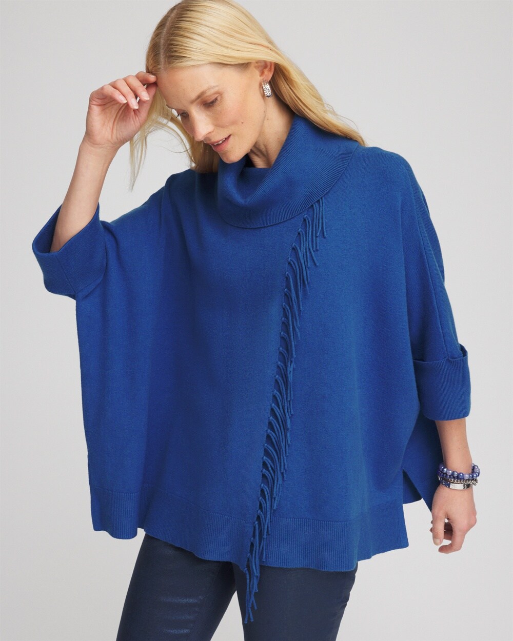 Cowl Neck Fringe Cashmere Blend Poncho