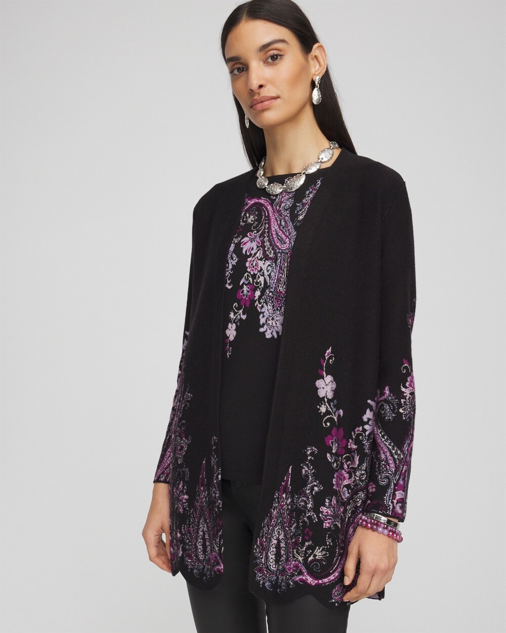 Jacquard Scalloped Hem Cardigan