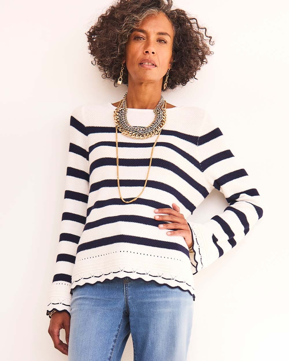 Striped Eyelet Pointelle Pullover Sweater