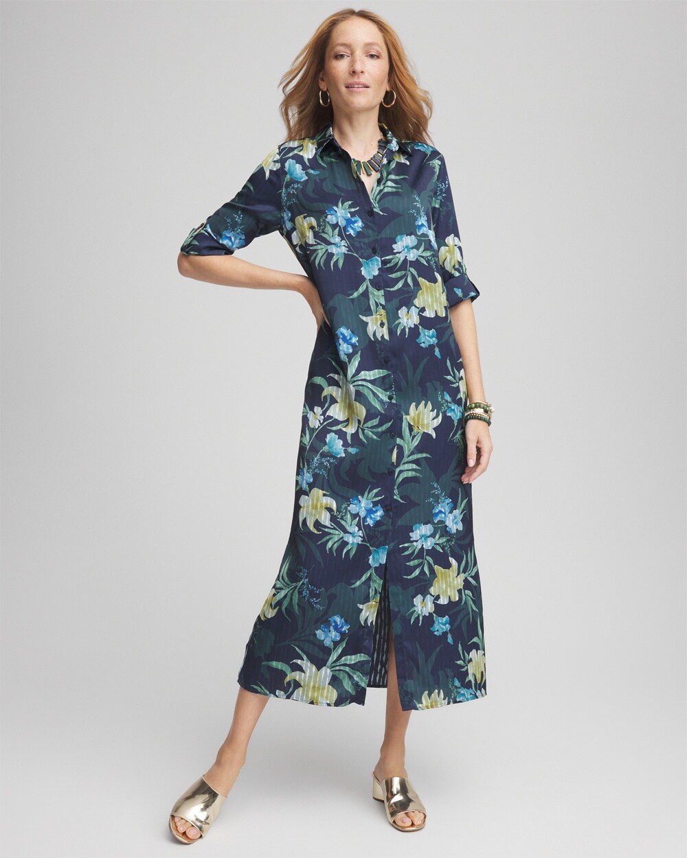 Satin Floral Maxi Shirtdress