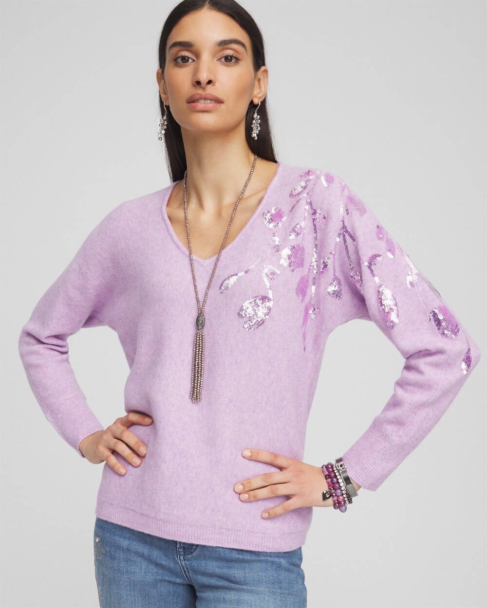 Sequin V-Neck Pullover Sweater