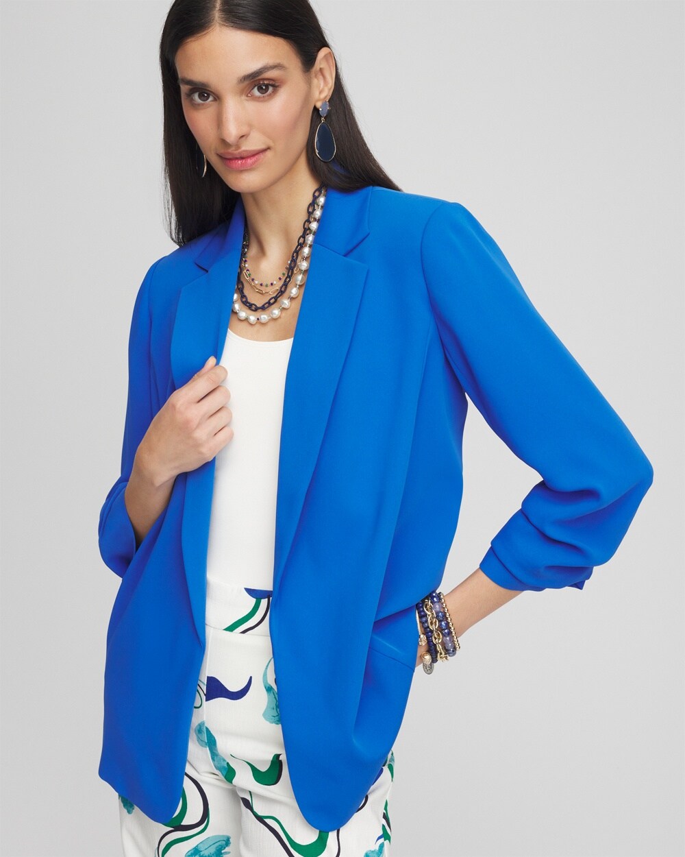 Notched-Lapel Ruched Sleeve Blazer