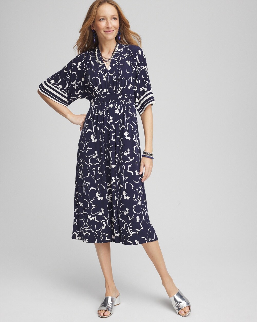 Pleated Floral Knit Midi Dress