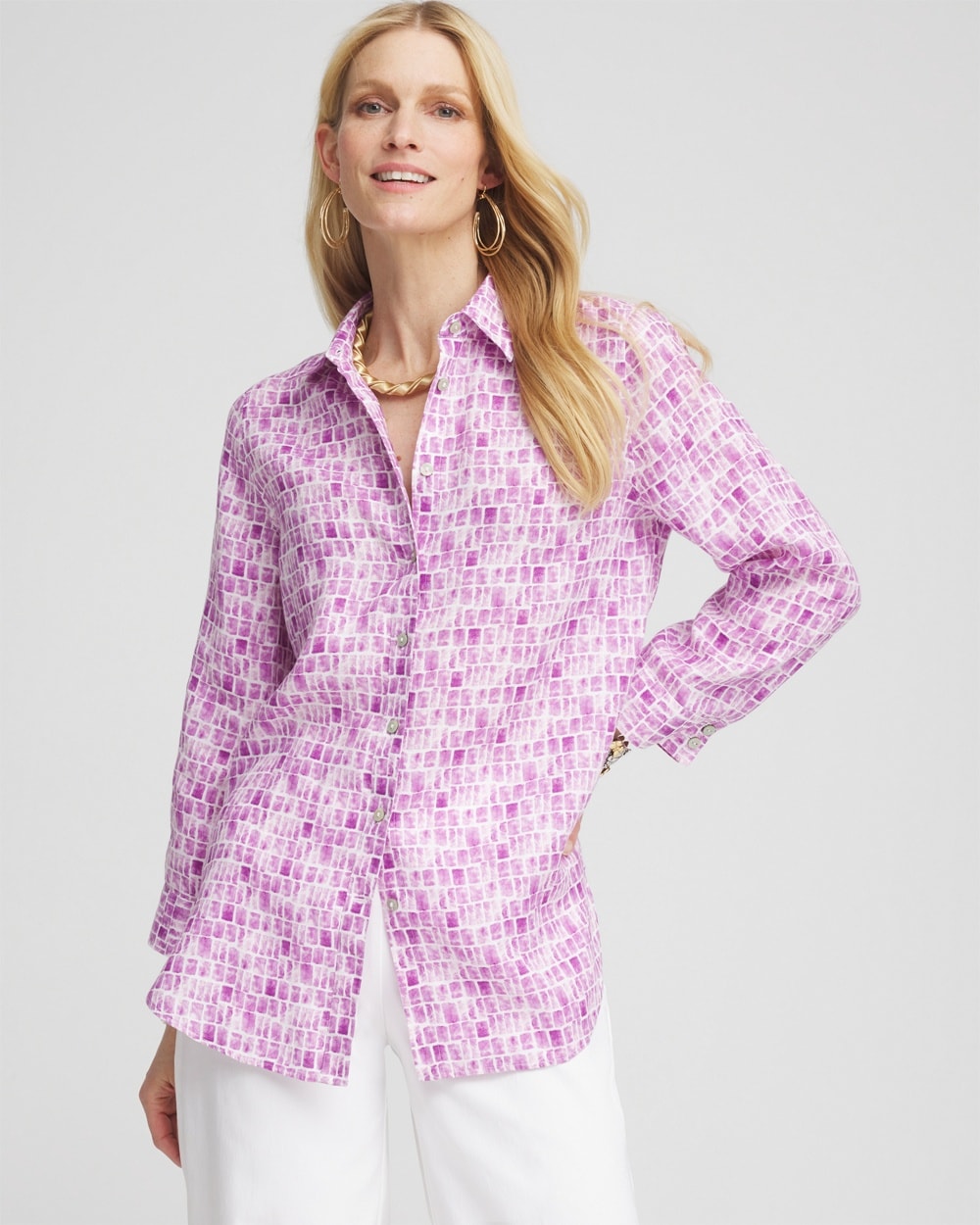 No Iron\u00AE Tile Print Linen Shirt