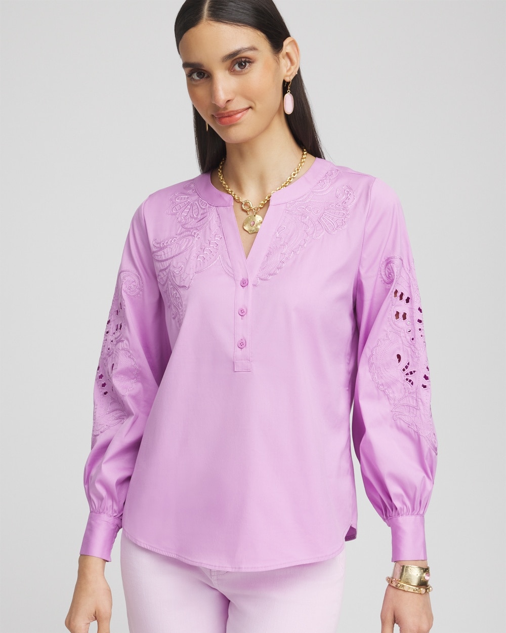 Embroidered Poplin Splitneck Shirt