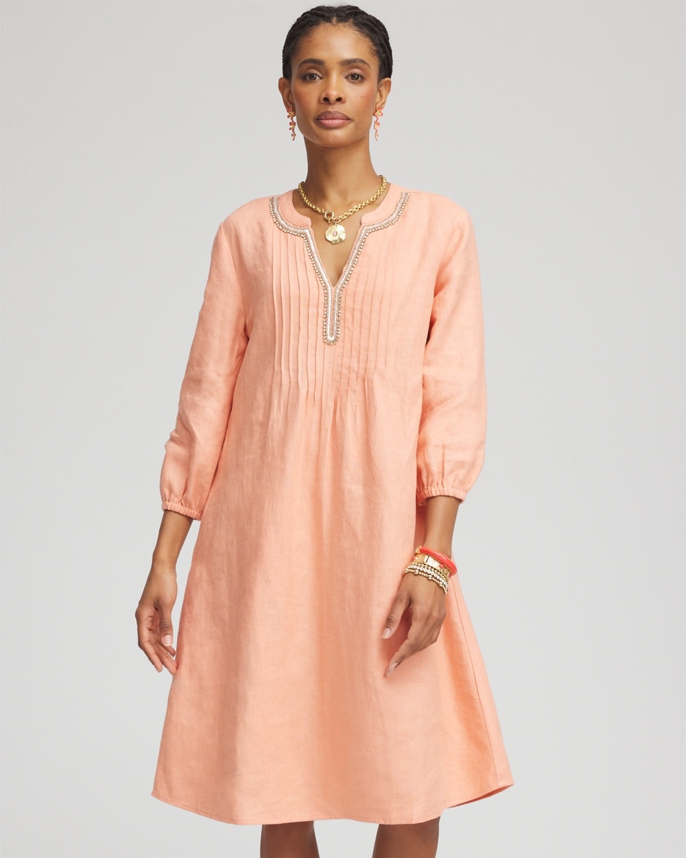 Linen Pintuck 3/4 Sleeved Dress