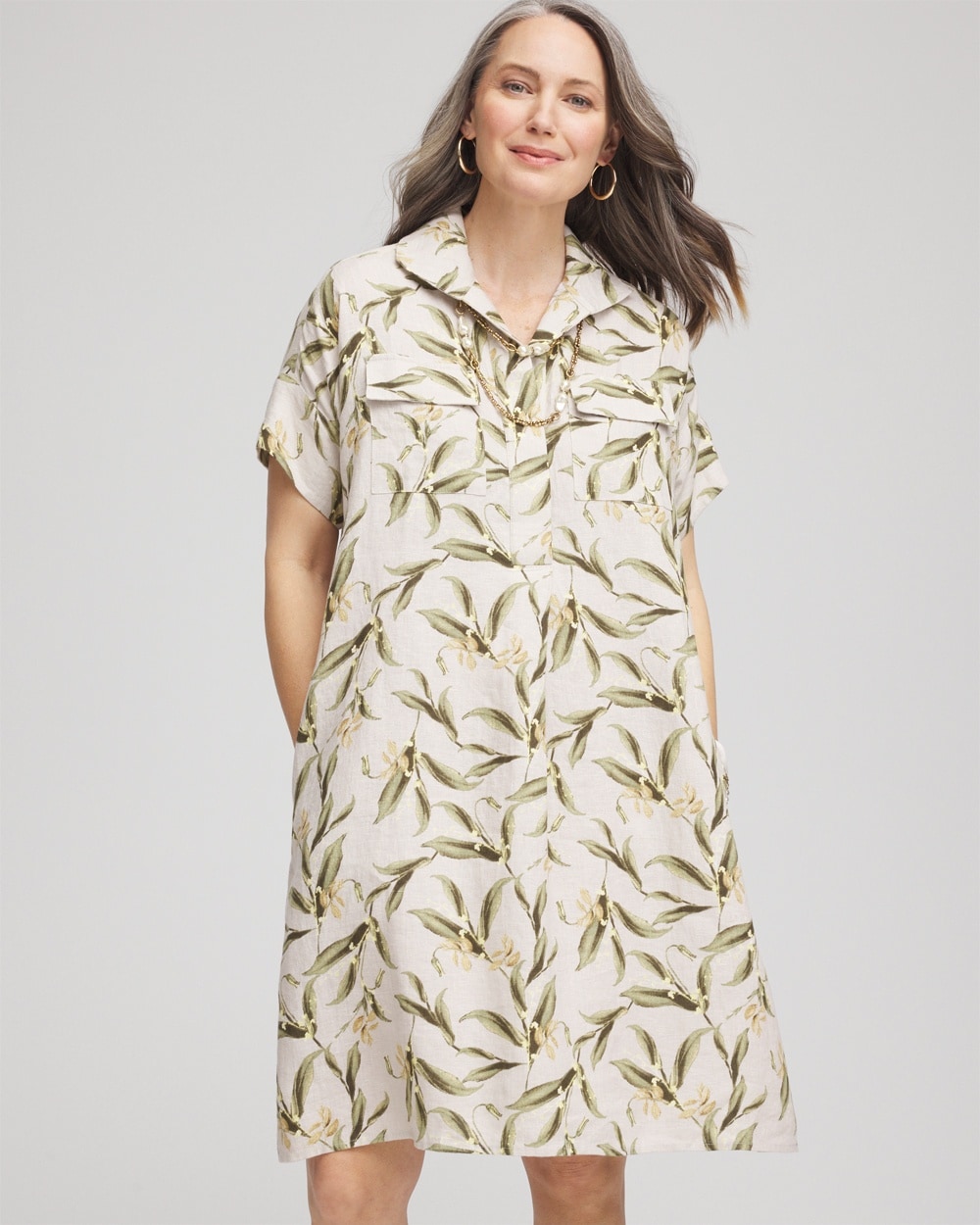 Leaf Print Linen Shirtdress