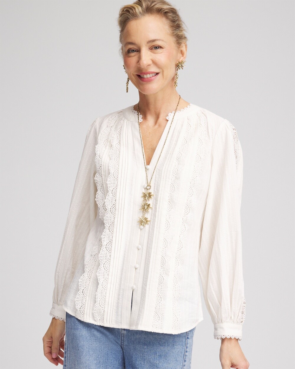 Split-neck Lace Trim Blouse