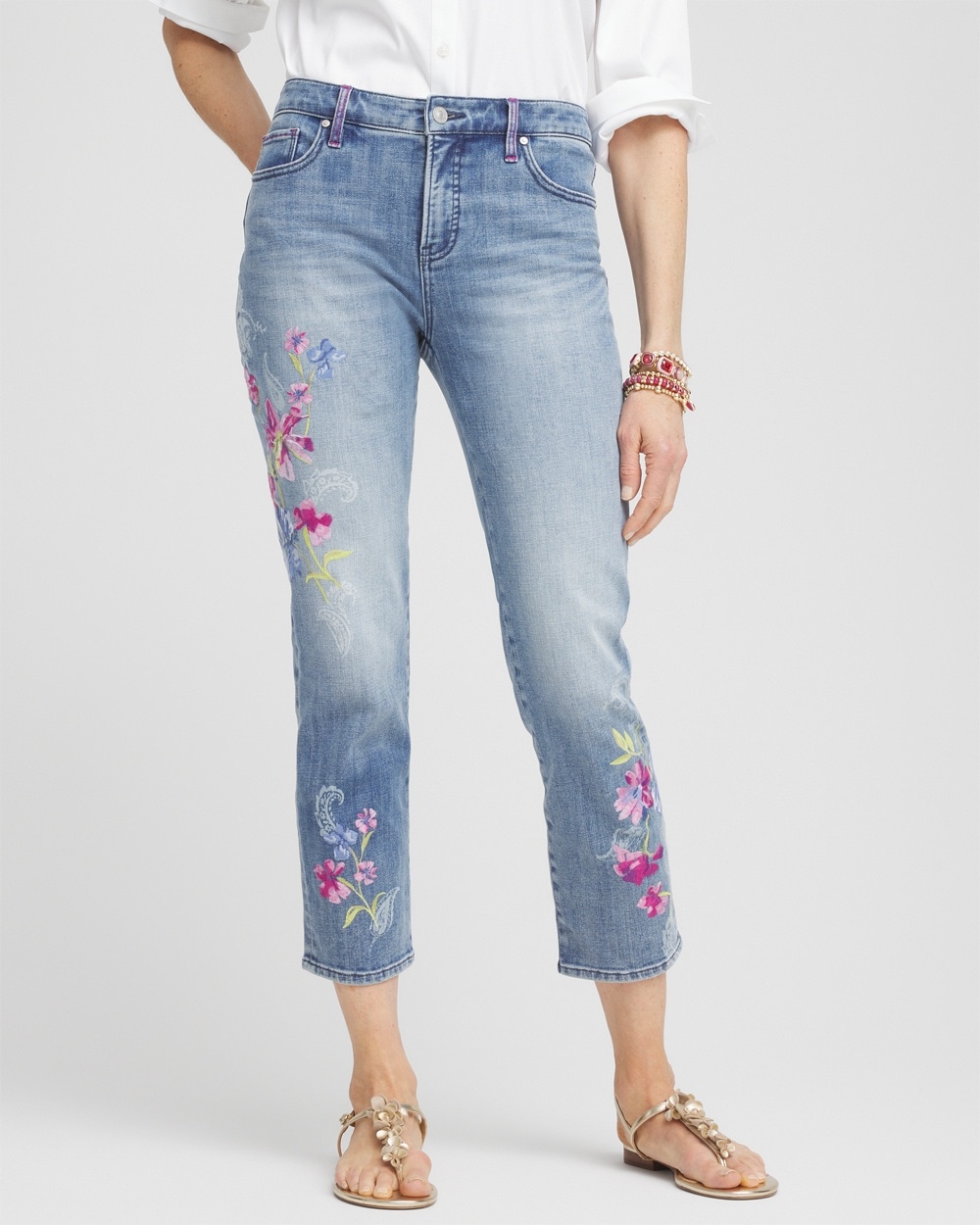 Girlfriend Floral Embroidered Cropped Jeans