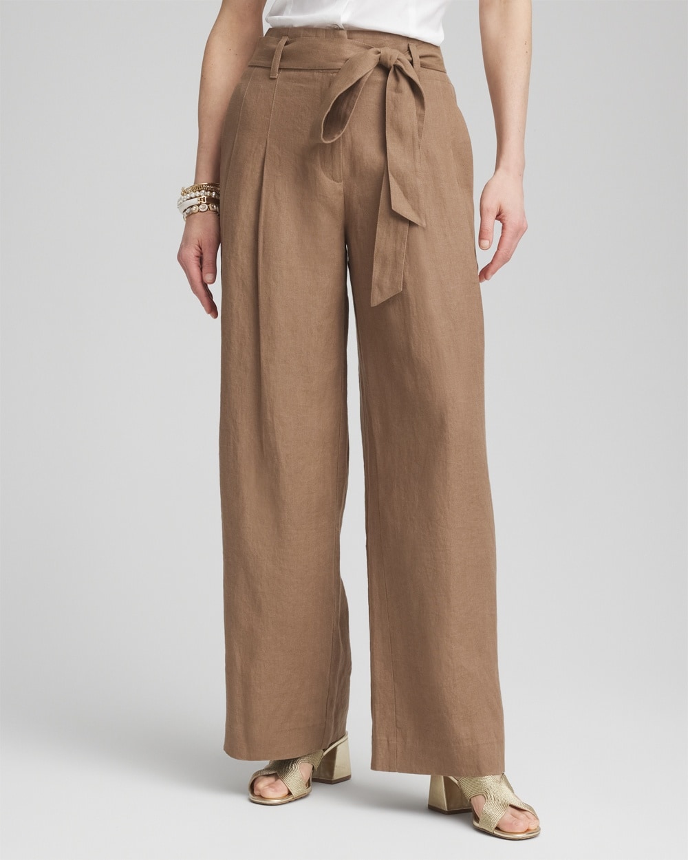 Belted Pleated Wide-Leg Linen Pants