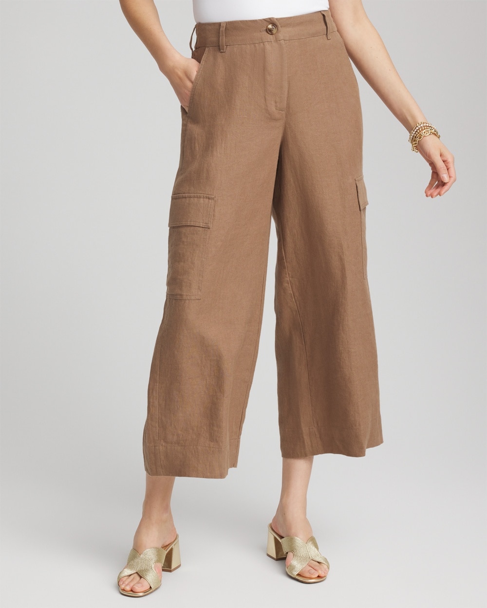 Linen Cargo Wide-Leg Cropped Pants