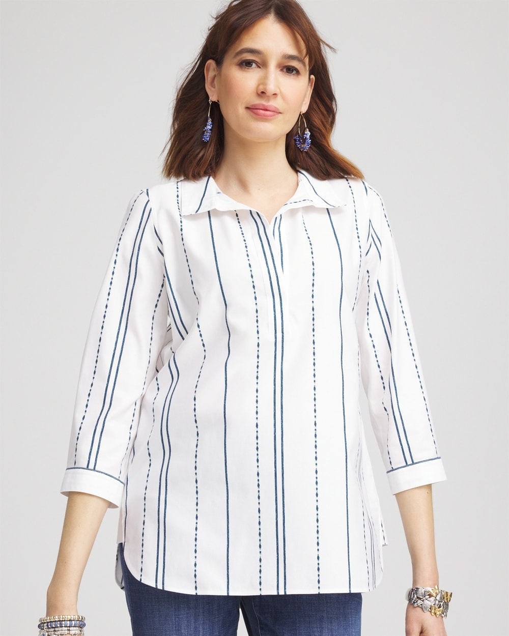 No Iron\u00AE Striped Buttonback Stretch Tunic