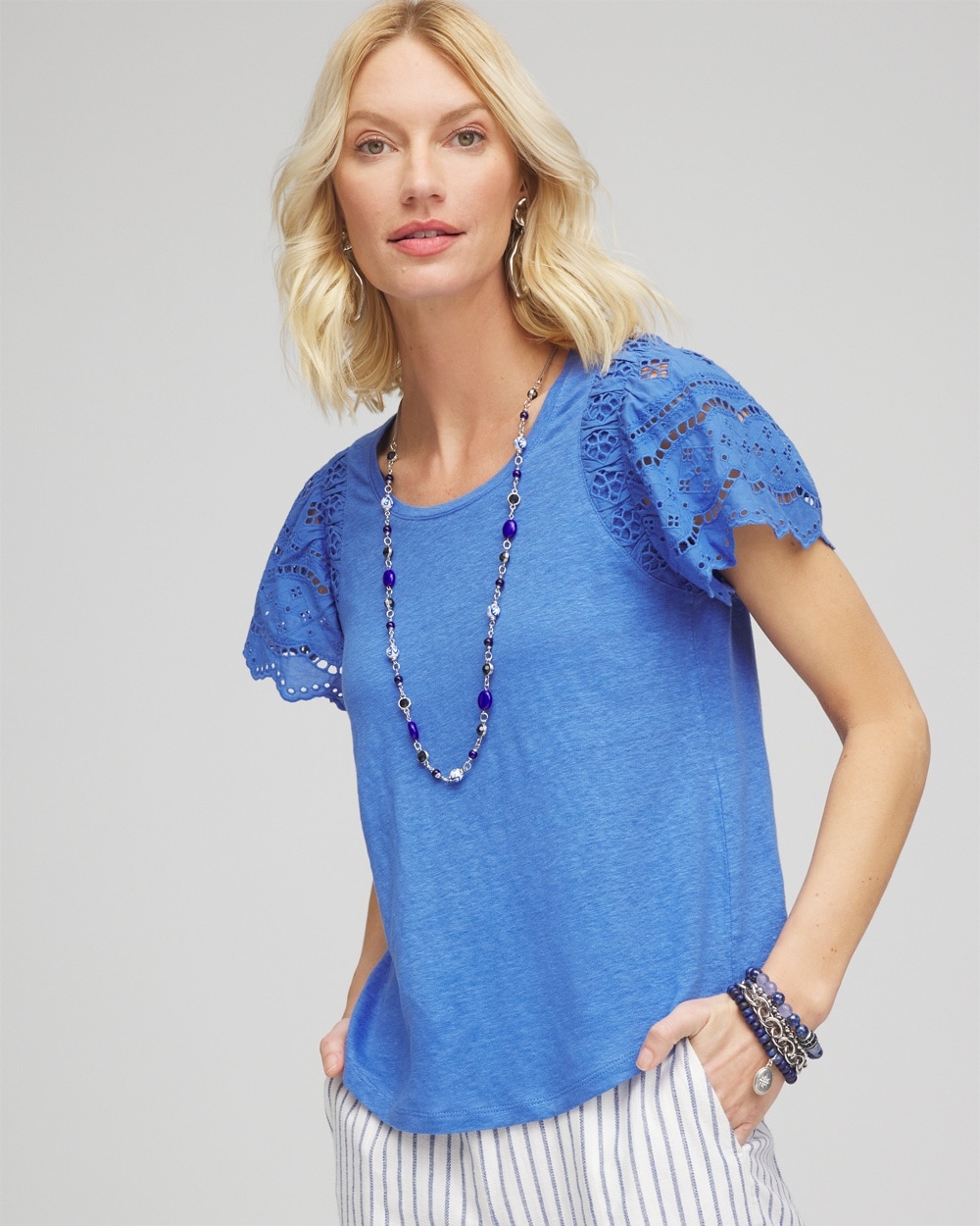 Linen Embroidered Flutter-Sleeved Tee