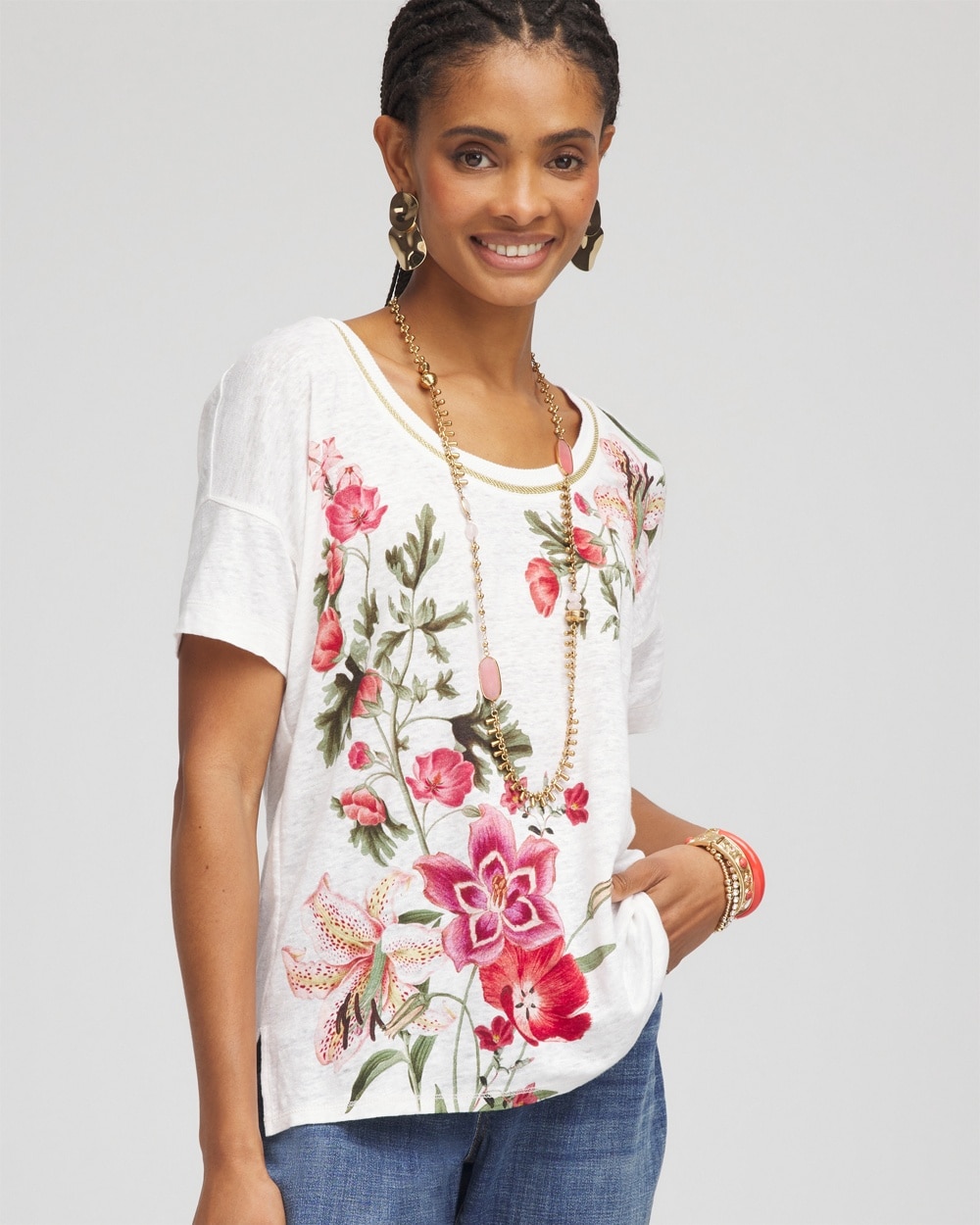 Floral Sweater Trim Linen Tee