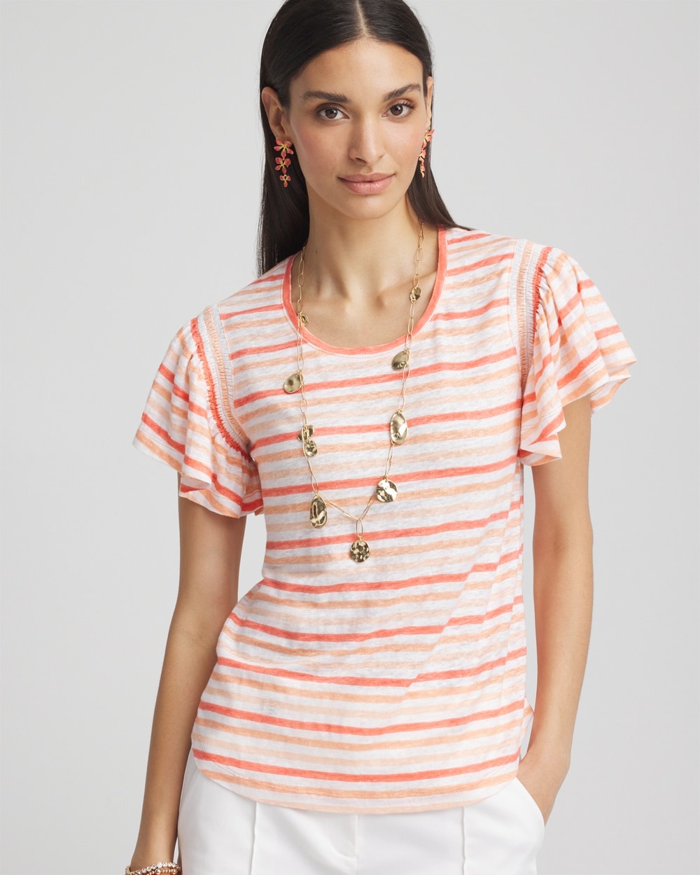 Striped Linen Smocked Flutter-Sleeved Tee