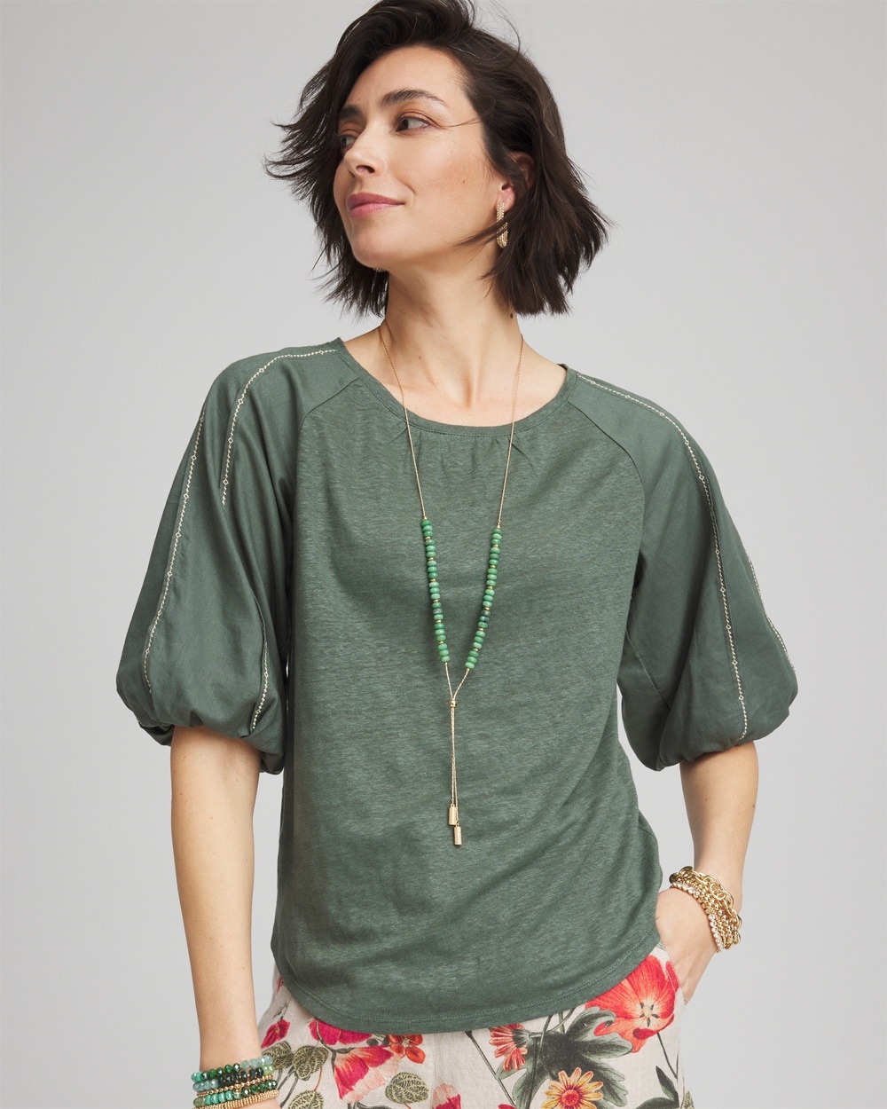 Linen Balloon-Sleeve Blouse