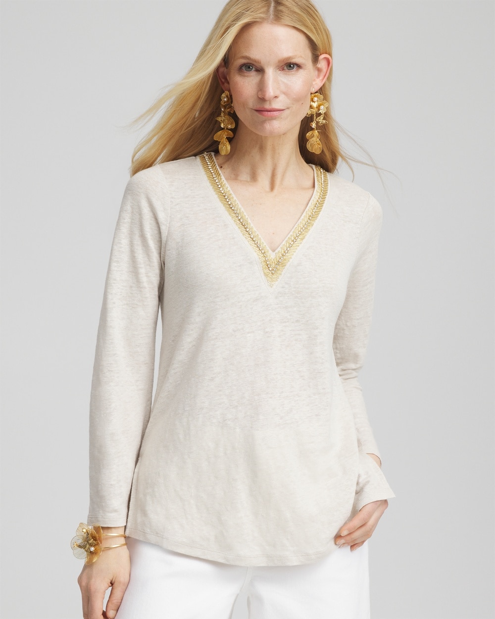 Linen Embellished V-Neck Tunic