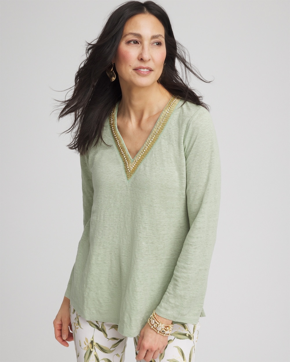 Linen Embellished V-Neck Tunic