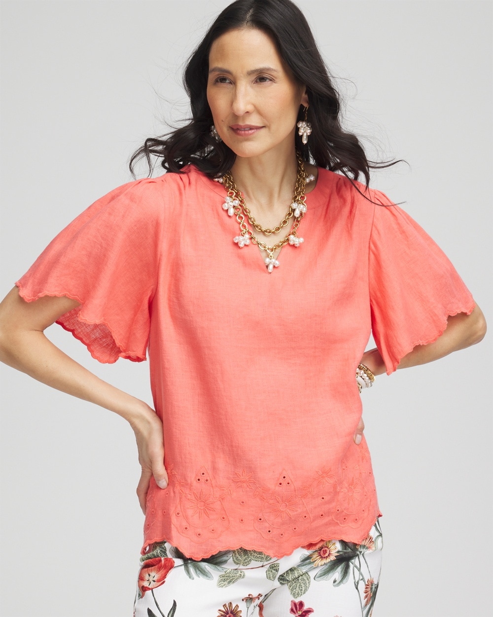 Linen Embroidered Hem Blouse