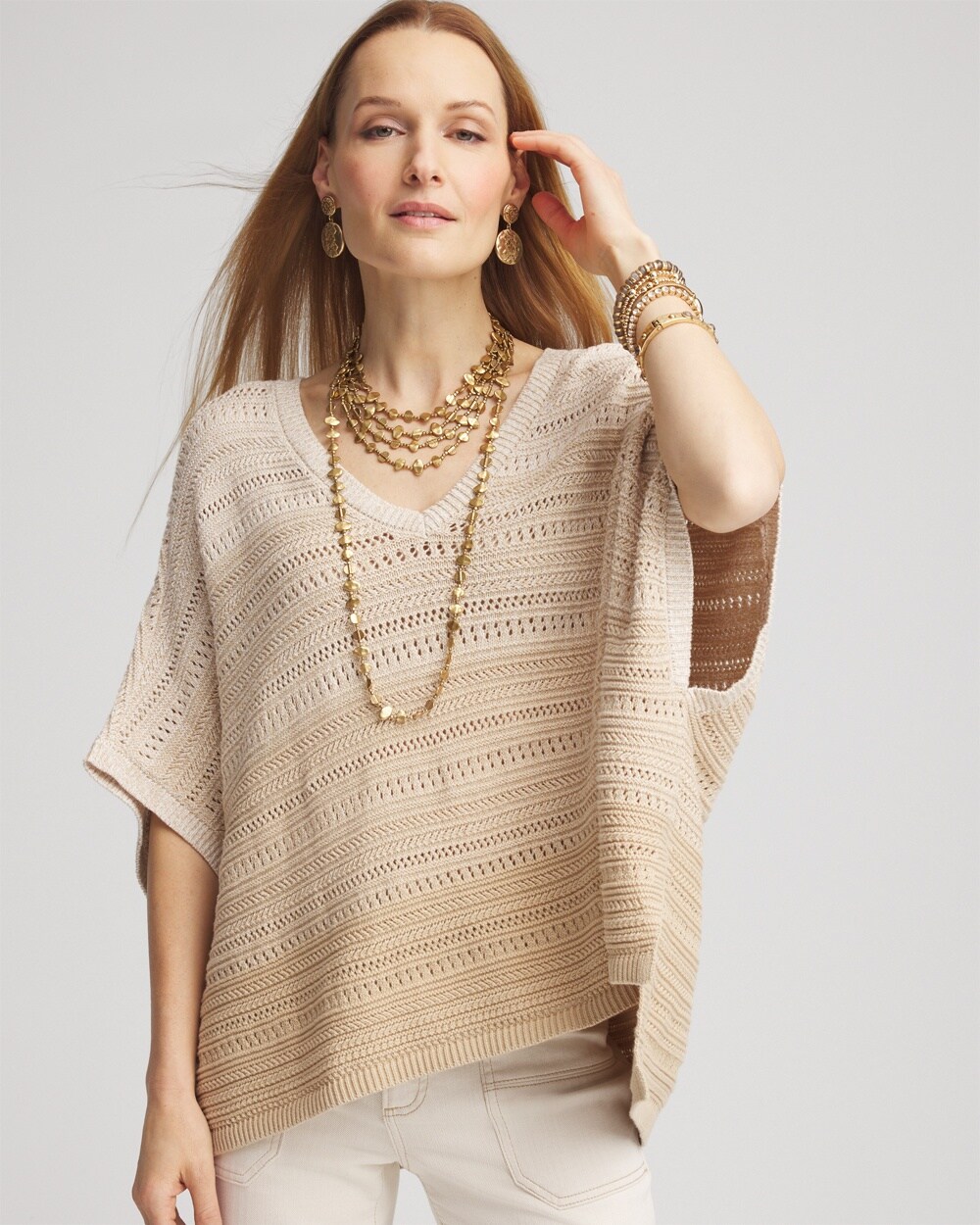 Ombre V-Neck  Knit Poncho