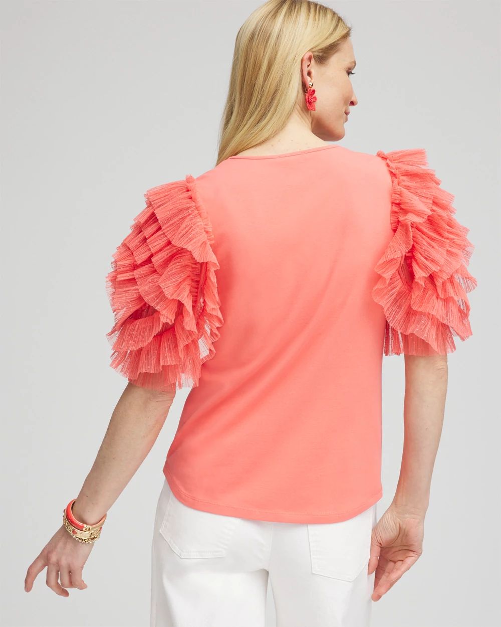 Pleated Tulle-Sleeve Top