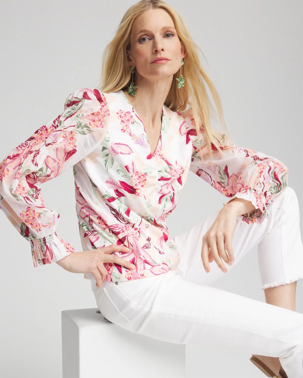 Pima Floral Smocked Long Sleeve Tee