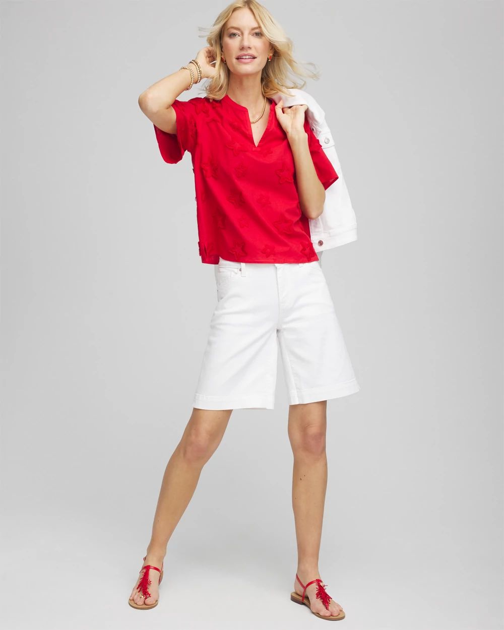 Embroidered Star Split Neck Blouse